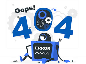A computer in the form of a robot sits on the ground with an error message on its screen. The message 404 with broken springs and gears surrounds the robot.